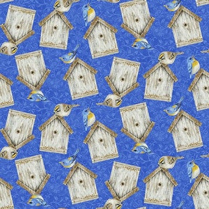Hydrangea Birdsong - Tossed Birdhouse Blue from Henry Glass Fabric