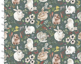 May include: A seamless pattern featuring watercolor illustrations of white and brown bunnies on a sage green background. The bunnies are surrounded by small flowers, leaves, and carrots.
