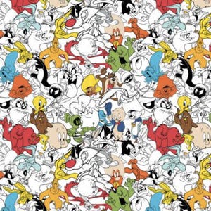 May include: A colorful pattern featuring various Looney Tunes characters in a repeating design. The characters are outlined in black and filled with bright colors like red, yellow, green, and blue, creating a playful and energetic aesthetic.