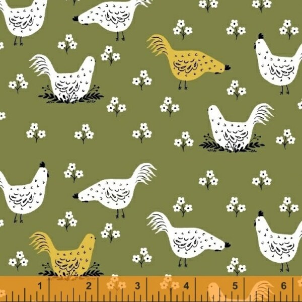 Gardening - Chickens Green by Dinara Mirtalipova from Windham Fabrics