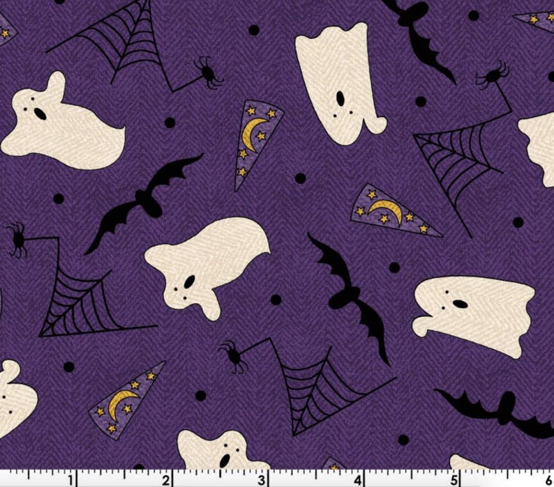 Ghosts and Bats Purple by Bonnie Sullivan from Maywood Studio Pumpkin Party FLANNEL