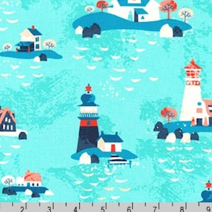 Seaside Treasures - Lighthouse Pacific Aqua by Pink Light Design from Robert Kaufman
