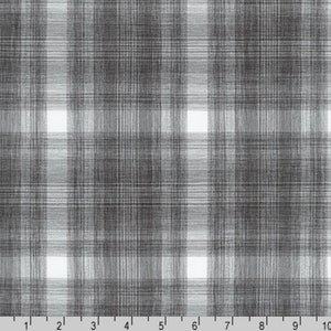 May include: A white and gray plaid fabric with a subtle texture. The fabric has a repeating pattern of thin and thick lines.