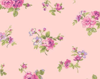 May include: A repeating pattern of pink and purple roses with green foliage on a pale pink backdrop. The floral design showcases various sizes of rose blooms and buds, creating a romantic and delicate aesthetic.