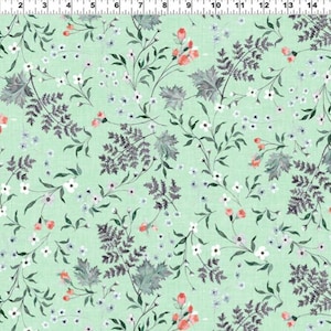 May include: A light green fabric with a repeating floral pattern. The design features small white and light blue flowers, along with larger grey leaves and sprigs of orange and red flowers. Suitable for various craft projects, the fabric has a delicate, botanical feel.