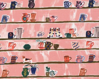 May include: A pink and white patterned fabric with a repeating design of shelves filled with mugs, teacups, vases, plants, and dogs. The shelves are brown and the items are in various colours and patterns.