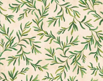 May include: A seamless pattern featuring green leafy branches on a cream background. The branches are stylised and have a watercolour effect.