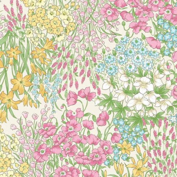 Jardín nostálgico: prado floral en amarillo pálido y rosa de EE Schenck Fabric