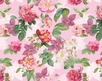 May include: A seamless pattern of roses in pink, red, and white, with green and purple leaves, set against a light pink background with white leaf shapes. The floral design is a repeating pattern.