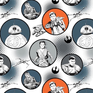 Star Wars 7 The Force Awakens - Multi Star Wars Badges White from Camelot Cottons