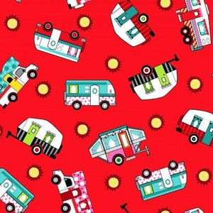 Roamin’ Holiday - Tossed Campers Red by Pam Bocko from Studio E Fabrics