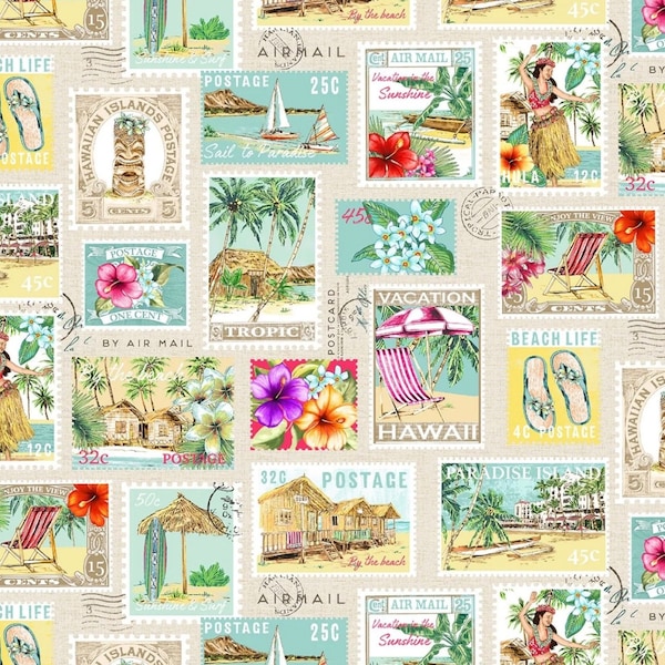 Lost in Paradise - Tropical Getaway Postage Stamps Cream from Michael Miller Fabric
