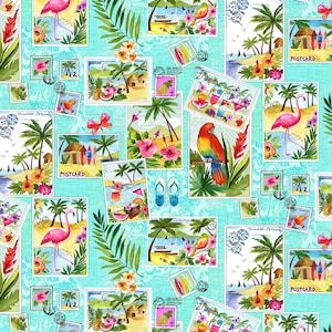 Salutations de - Cartes postales illustrées bleues de Michael Miller Fabric