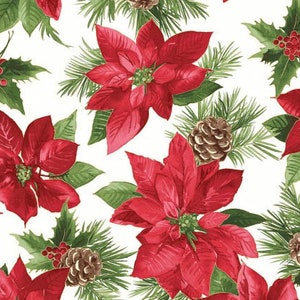 Glad Tidings Metallic - Poinsettia Soft White Red from Maywood Studio Fabric