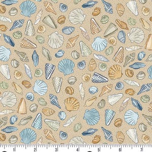 May include: A fabric with a repeating pattern of various seashells in shades of blue, tan, and brown. The seashells are scattered across a beige background with small dotted details. The design evokes a coastal or beach theme.