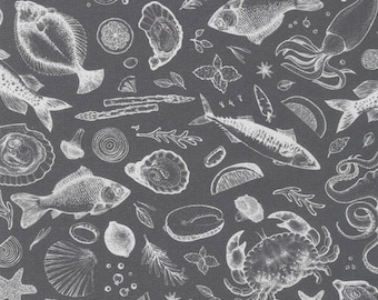 Catch of the Day - Sea Creatures Graphite Grey from Robert Kaufman Fabric