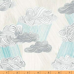 May include: A white background with a repeating pattern of gray clouds with blue rain lines. The clouds are drawn with a swirling, abstract design.
