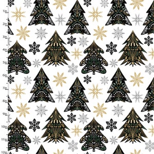 May include: A seamless pattern featuring black, gold, and green Christmas trees with intricate details on a white background. The trees are surrounded by gold and silver snowflakes.