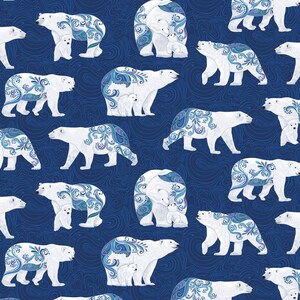 Polar Attitude PEALESCENT - Large Polar Bears Swirl Blue from Benartex Fabrics