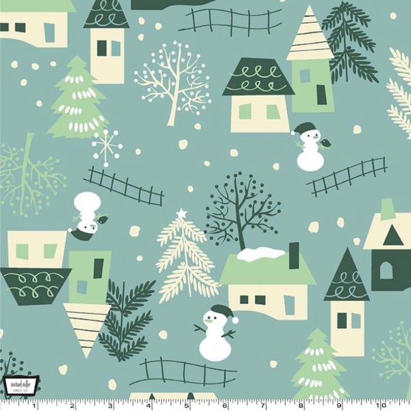 Temporada de luz - Casas Muñeco de nieve Verde Lt Teal de Michael Miller Fabric