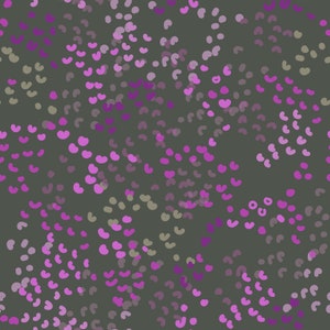 May include: A seamless pattern with a dark gray background and a scattered design of pink and beige bean-shaped spots.