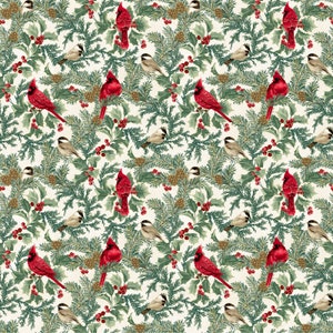 Winter Elegance - Cardinals Birds Branches Natural Metallic by Jackie Robinson from Benartex Fabrics