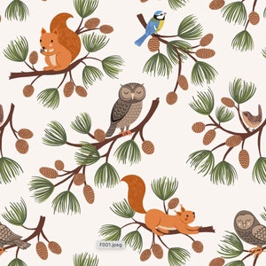 Evergreen - Pine Cone Branches Animals Cream from Lewis and Irene Fabric