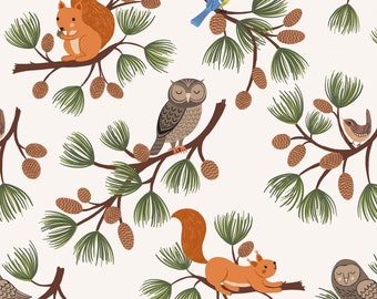 Evergreen - Pine Cone Branches Animals Cream from Lewis and Irene Fabric
