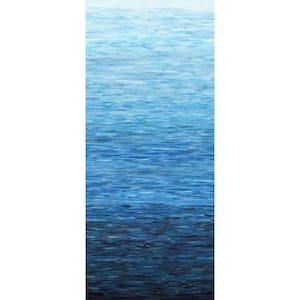 May include: A vertical rectangular painting depicting a gradient of blue water, transitioning from a light, pale blue at the top to a deep, dark navy blue at the bottom, with small, scattered gold-colored flecks throughout the textured surface.