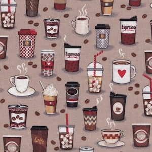 Coffee Time - Coffee Cups Tan from Fabric Traditions Fabric