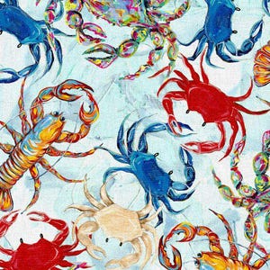 Op de afbeelding: Een levendig, kleurrijk patroon met verschillende schaaldieren, waaronder krabben en kreeften. Het kunstwerk toont een mix van heldere tinten, met rood, blauw, geel en oranje die het ontwerp domineren. De krabben en kreeften zijn geschilderd in een textuurrijke, artistieke stijl.
