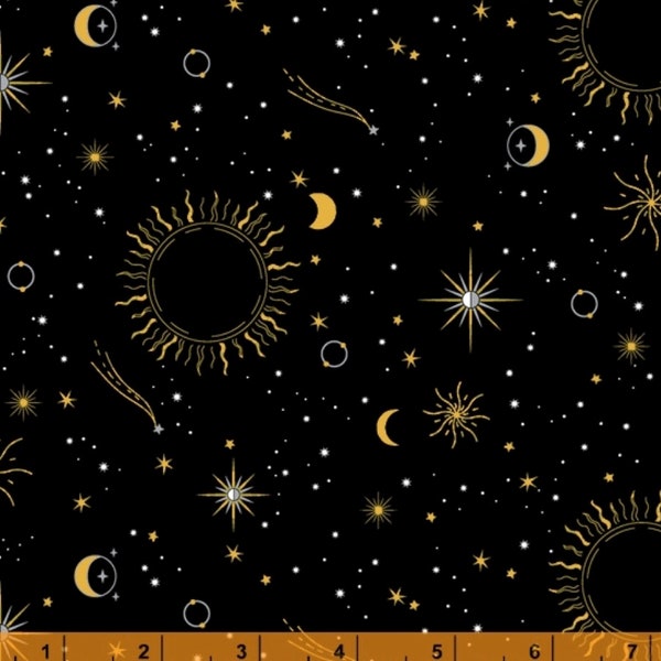 Orbit - Sun Moon and Star Black Metallic by Whistler Studios from Windham Fabrics