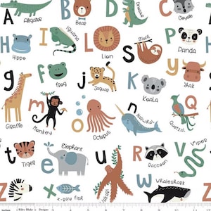 Tela Alphabet Zoo FRANELA blanca de Riley Blake