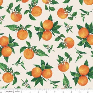 May include: A seamless pattern featuring orange citrus fruit with green leaves and white blossoms on a cream background.
