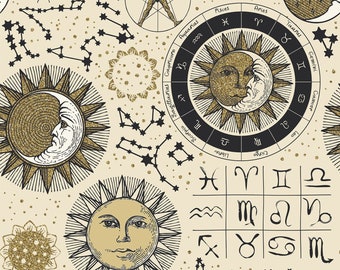 The Sun The Moon and The Stars - Celestial Signs Cream by Jason Yenter from In The Beginning Fabric