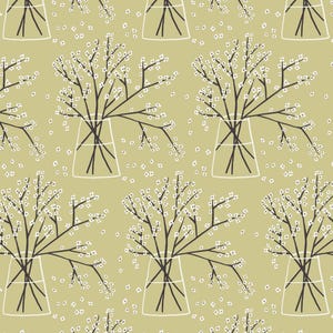 Könnte beinhalten: Ein sich wiederholendes Muster aus stilisierten Blumenarrangements in klaren Vasen auf hellolivgrünem Hintergrund. Die Vasen enthalten dunkelbraune Zweige mit kleinen weißen Blüten. Kleine weiße florale Akzente sind verstreut.