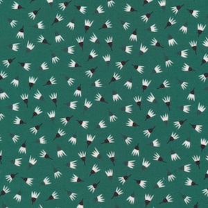 Könnte beinhalten: Tealfarbener Stoff mit einem sich wiederholenden Muster aus weißen und schwarzen stilisierten Blütenformen.