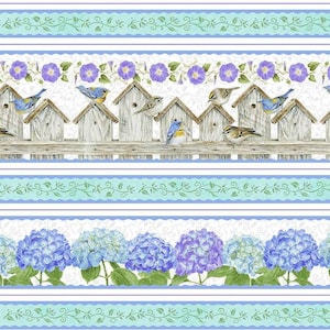 Hydrangea Birdsong - Birdhouse Stripe from Henry Glass Fabric