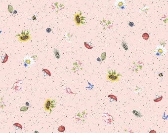 May include: A seamless pattern featuring a variety of floral and nature-inspired elements on a light pink background. The pattern includes sunflowers, daisies, mushrooms, butterflies, berries, and feathers. The background is covered in small black dots.