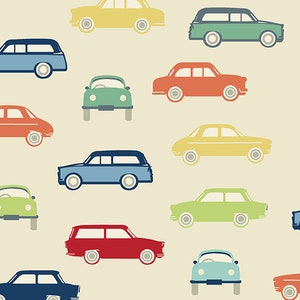 May include: A repeating pattern of colorful vintage cars in various colors, including yellow, green, red, and blue, on a cream background. The cars are stylized with simple lines and shapes, creating a playful and retro design.