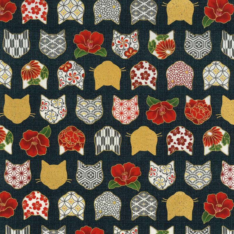 Hyakka Ryoran - Hana and Neko Cat Floral Charcoal Dark From Quilt