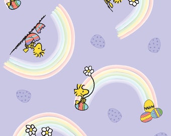 May include: A purple background with a repeating pattern of yellow birds holding Easter eggs, rainbows, and purple speckled eggs.