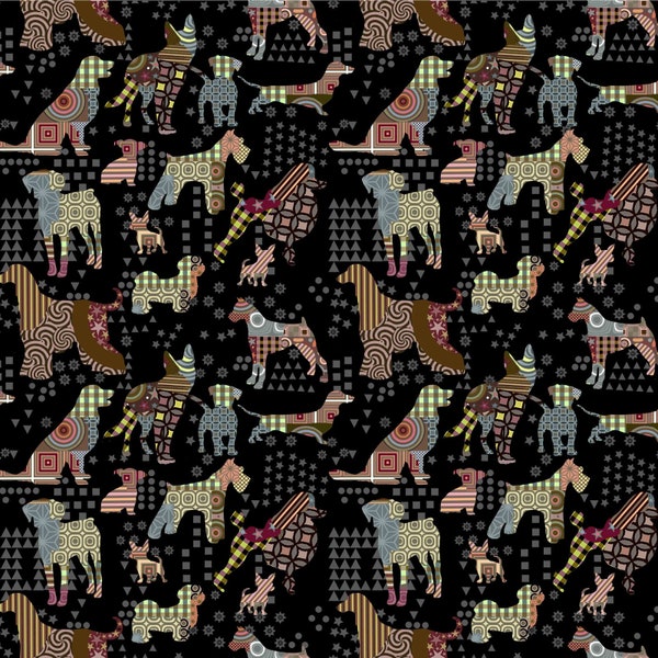 Life Is Better With A Dog - Tossed Dogs Allover Black from Print Concepts Fabric