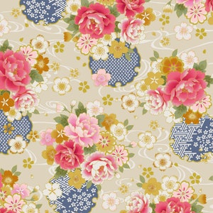 Traditional Japan Sheeting Metallic - Floral Swirl Natural from Cosmo Fabric