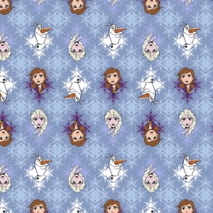 May include: A blue and white repeating pattern featuring cartoon images of Elsa and Anna from the movie Frozen, along with Olaf the snowman. The background is a light blue with a snowflake pattern.