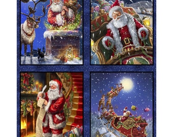May include: A collage of four images featuring Santa Claus in different holiday scenes. The top left image shows Santa Claus on a rooftop, the top right image shows Santa Claus riding in a sleigh, the bottom left image shows Santa Claus writing a list, and the bottom right image shows Santa Claus flying in a sleigh.