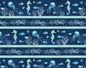 Underwater Wonders - Repeating Stripes Sea Creatures Blue van Wilmington Prints Fabric