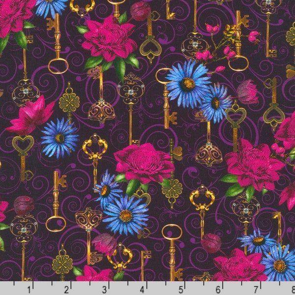 Secret Garden - Keys Floral Aubergine from Robert Kaufman Fabrics