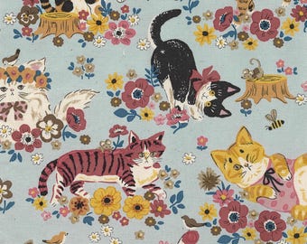 Power Animal OXFORD - Cats Lt Dusty Blue from Kokka Fabrics