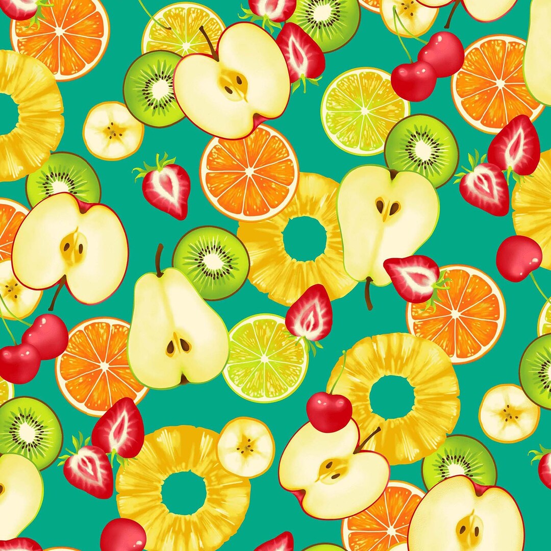 Fresh Fruits OXFORD Mixed Fruit Slices Aqua Teal From Cosmo Fabric Etsy